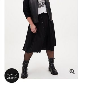 Black button front challis midi skirt